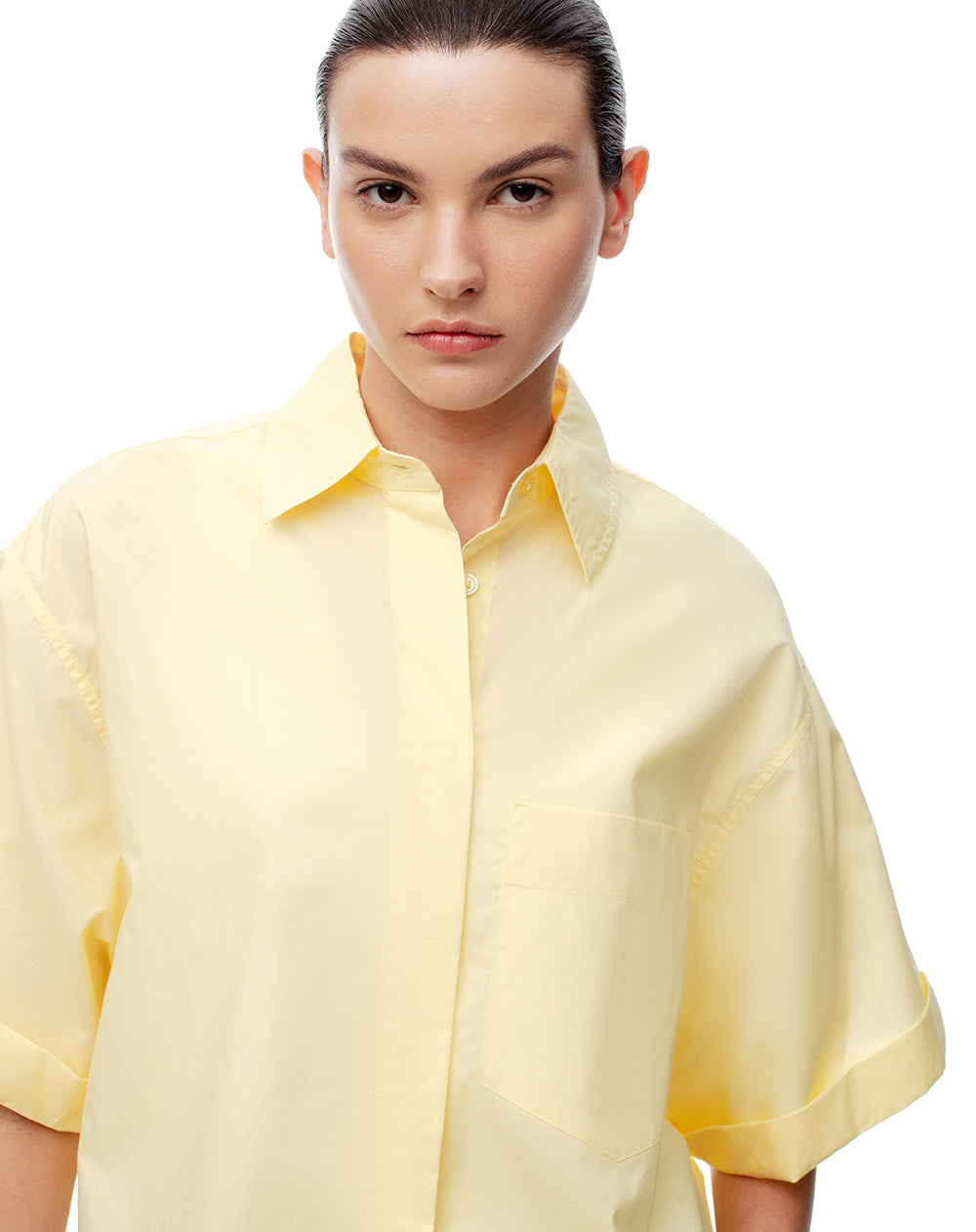 Camisa manga corta oversize algodón amarilla mujer