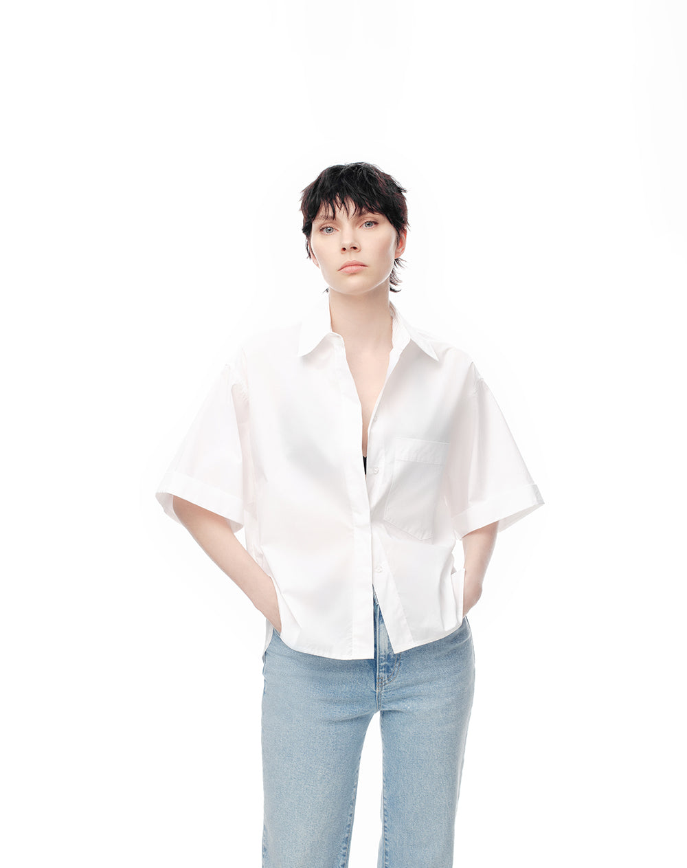 Camisa manga corta oversize algodón blanca mujer