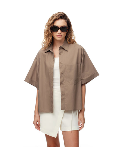 Camisa manga corta oversize algodón café mujer