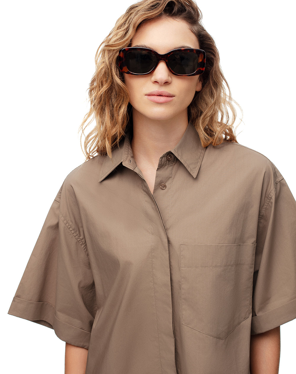 Camisa manga corta oversize algodón café mujer