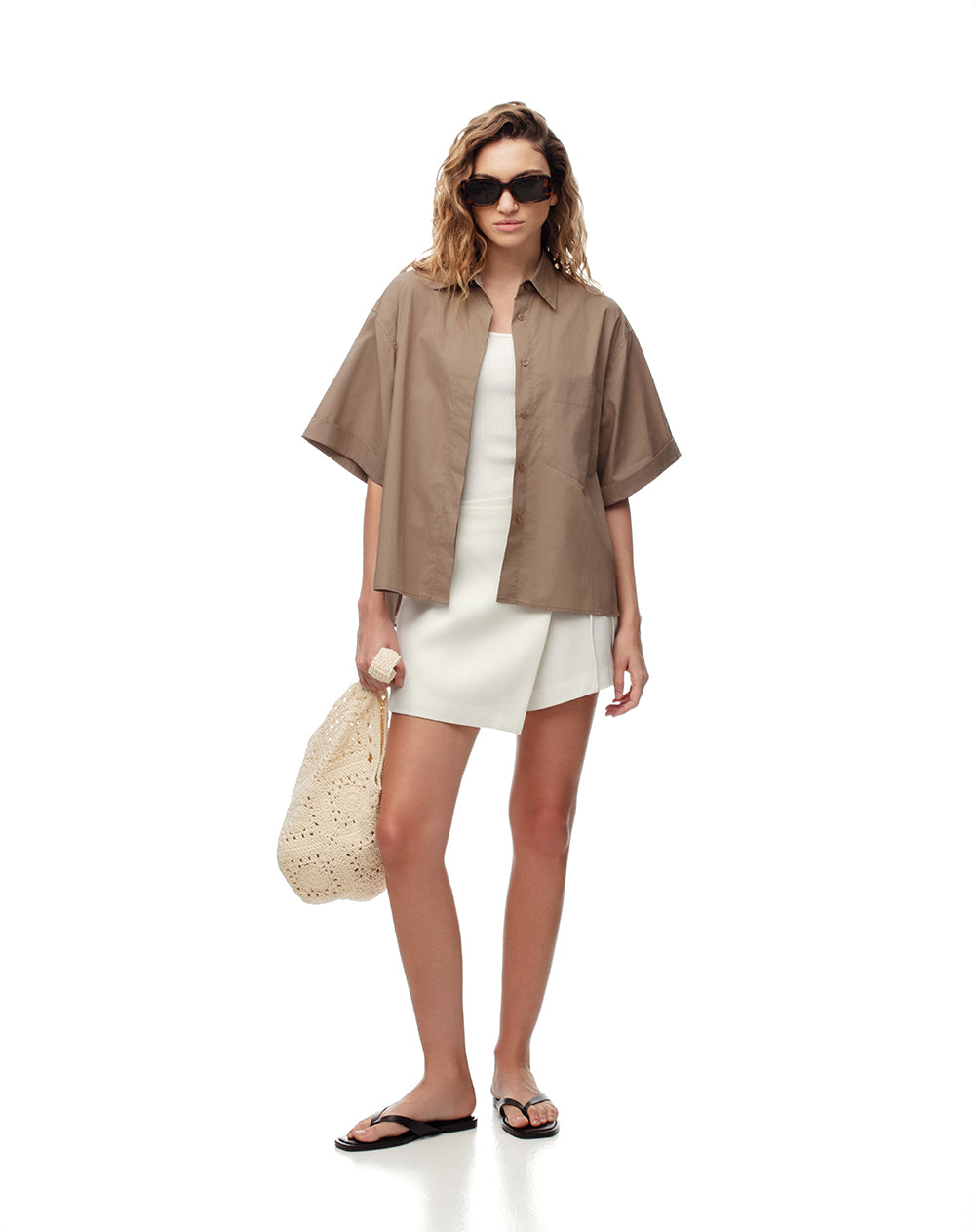 Camisa manga corta oversize algodón café mujer