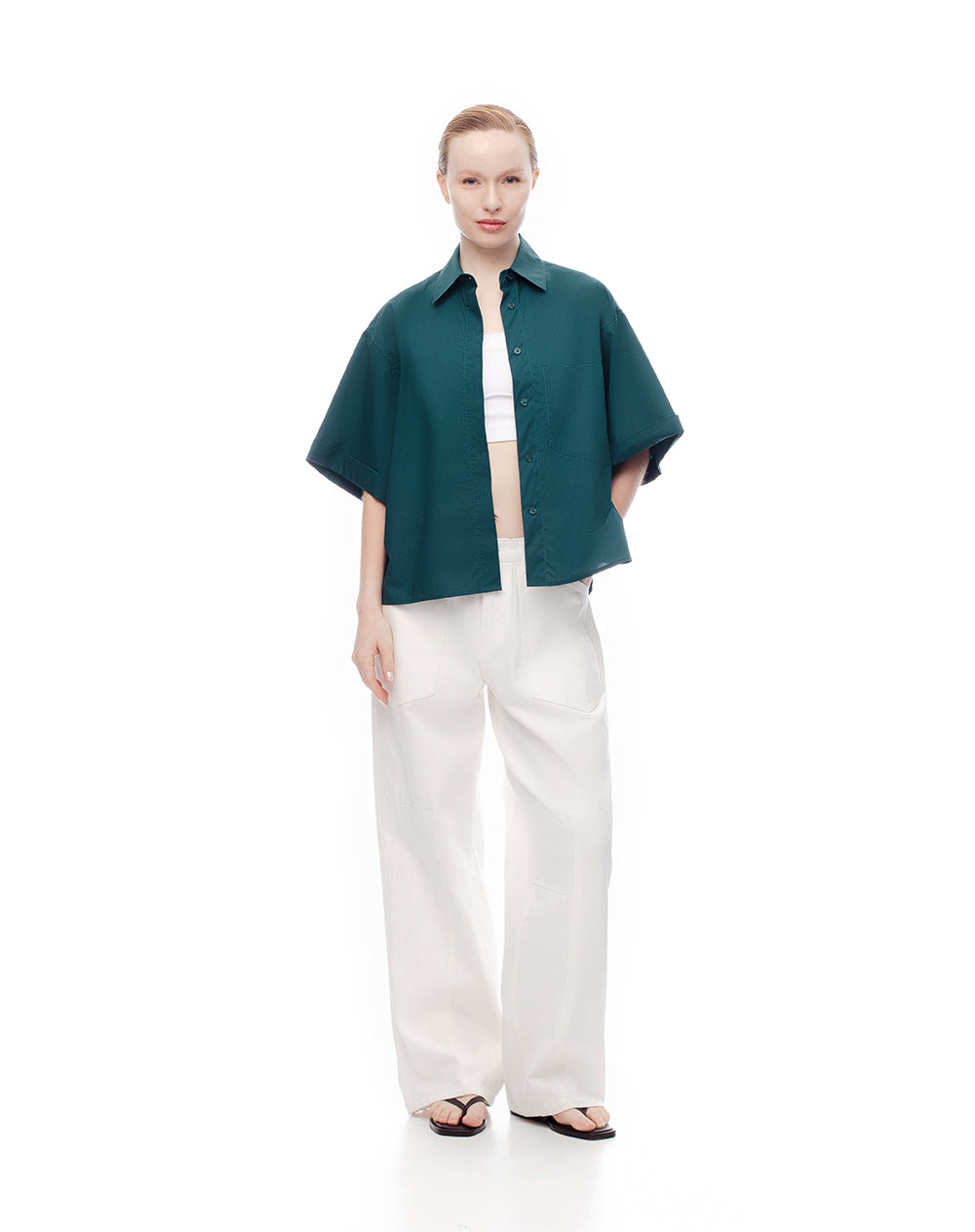 Camisa manga corta oversize algodón verde mujer