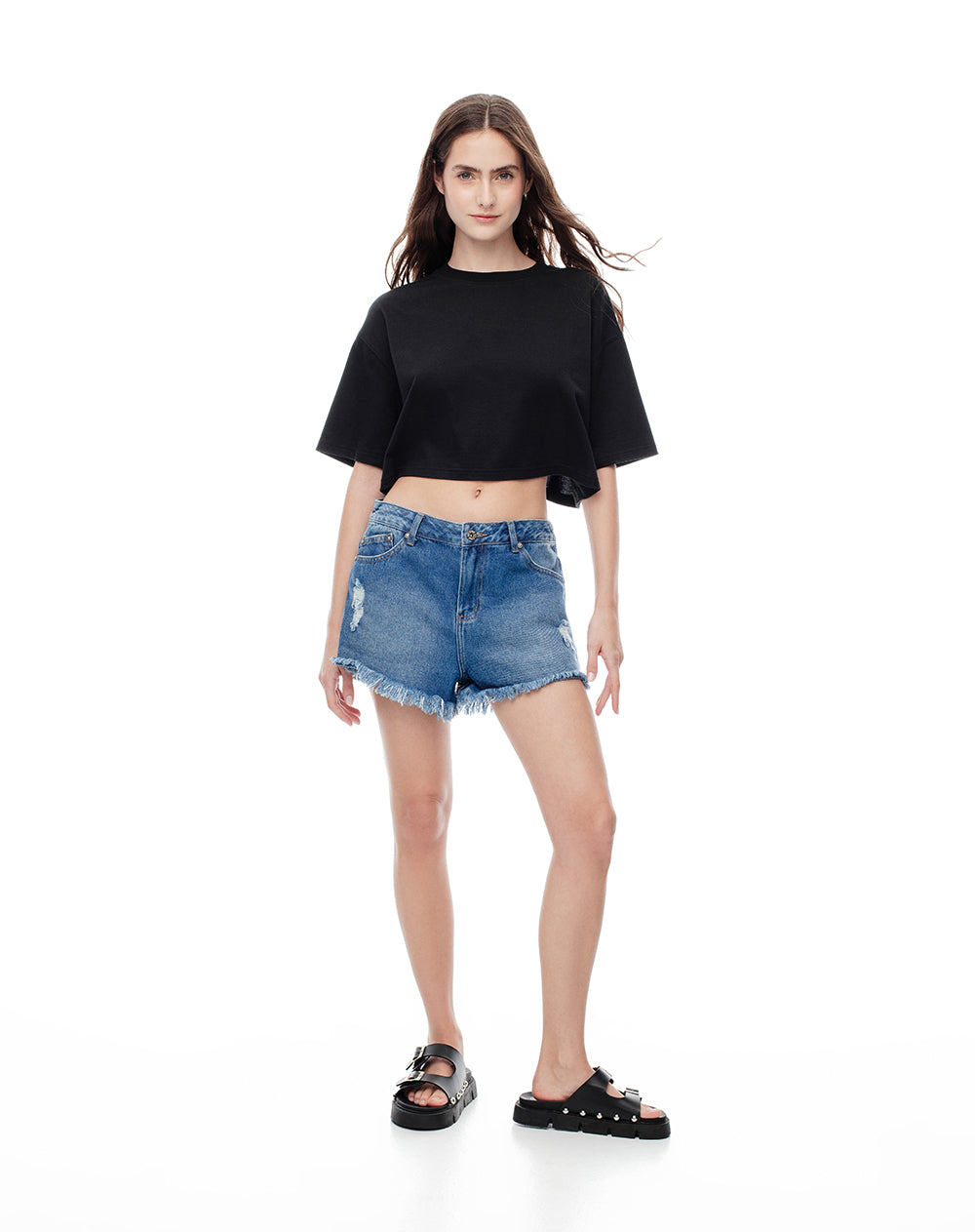 Short tiro medio denim desgaste índigo medio mujer