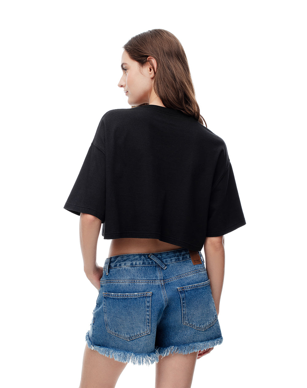 Short tiro medio denim desgaste índigo medio mujer