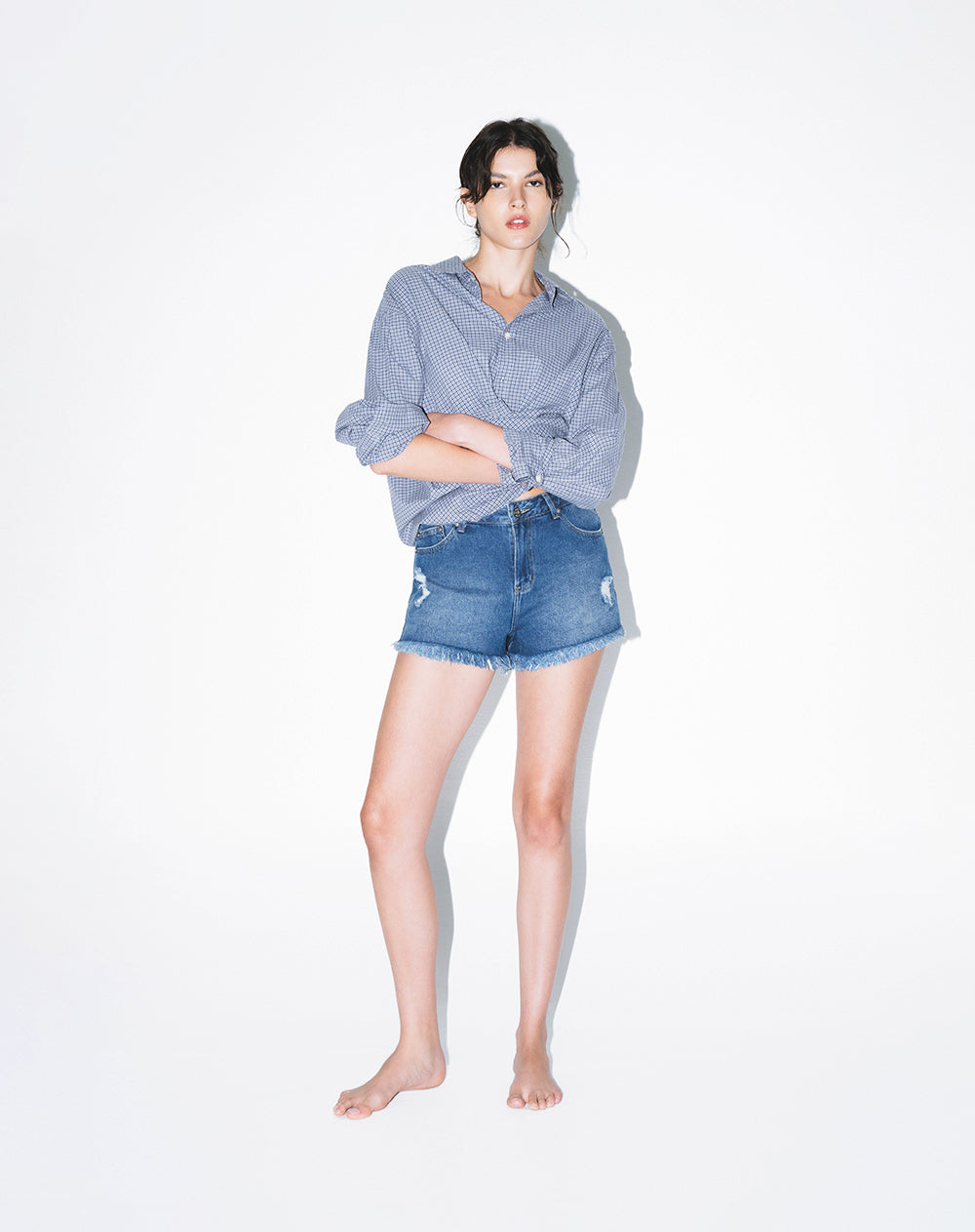 Short tiro medio denim desgaste índigo medio mujer