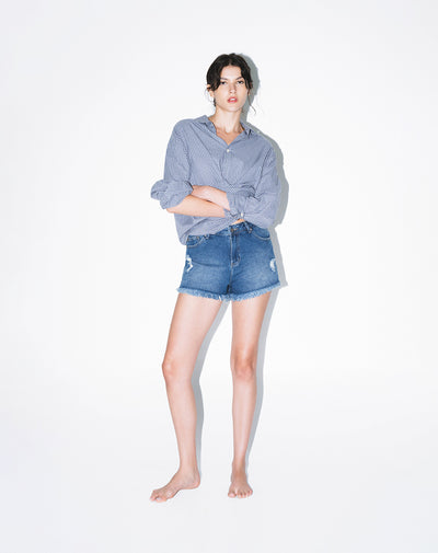 Short tiro medio denim desgaste índigo medio mujer
