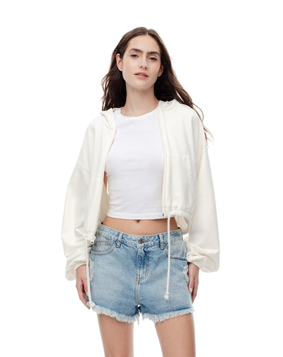 Short tiro medio denim desgaste índigo medio mujer