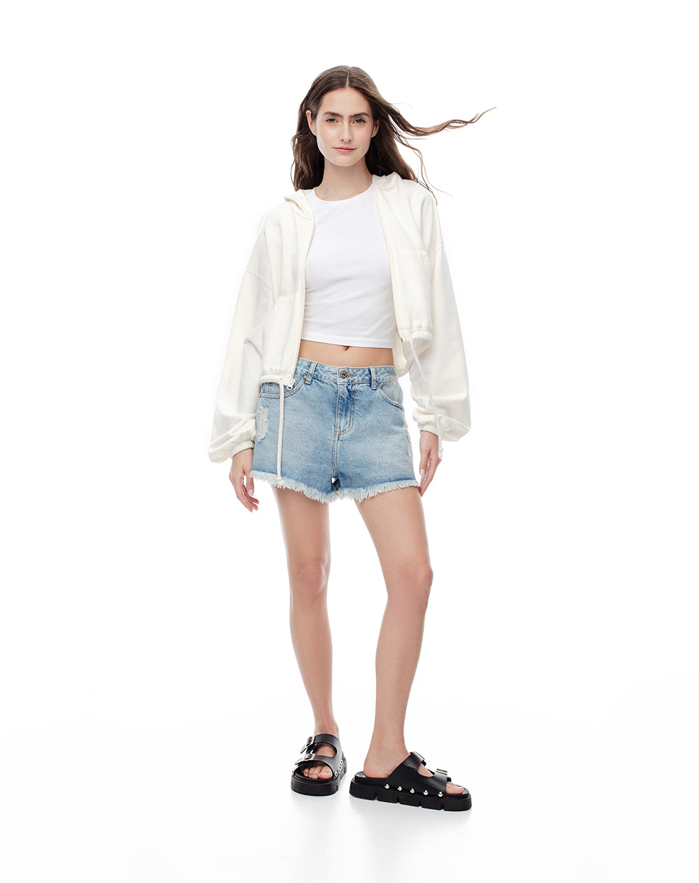 Short tiro medio denim desgaste índigo medio mujer