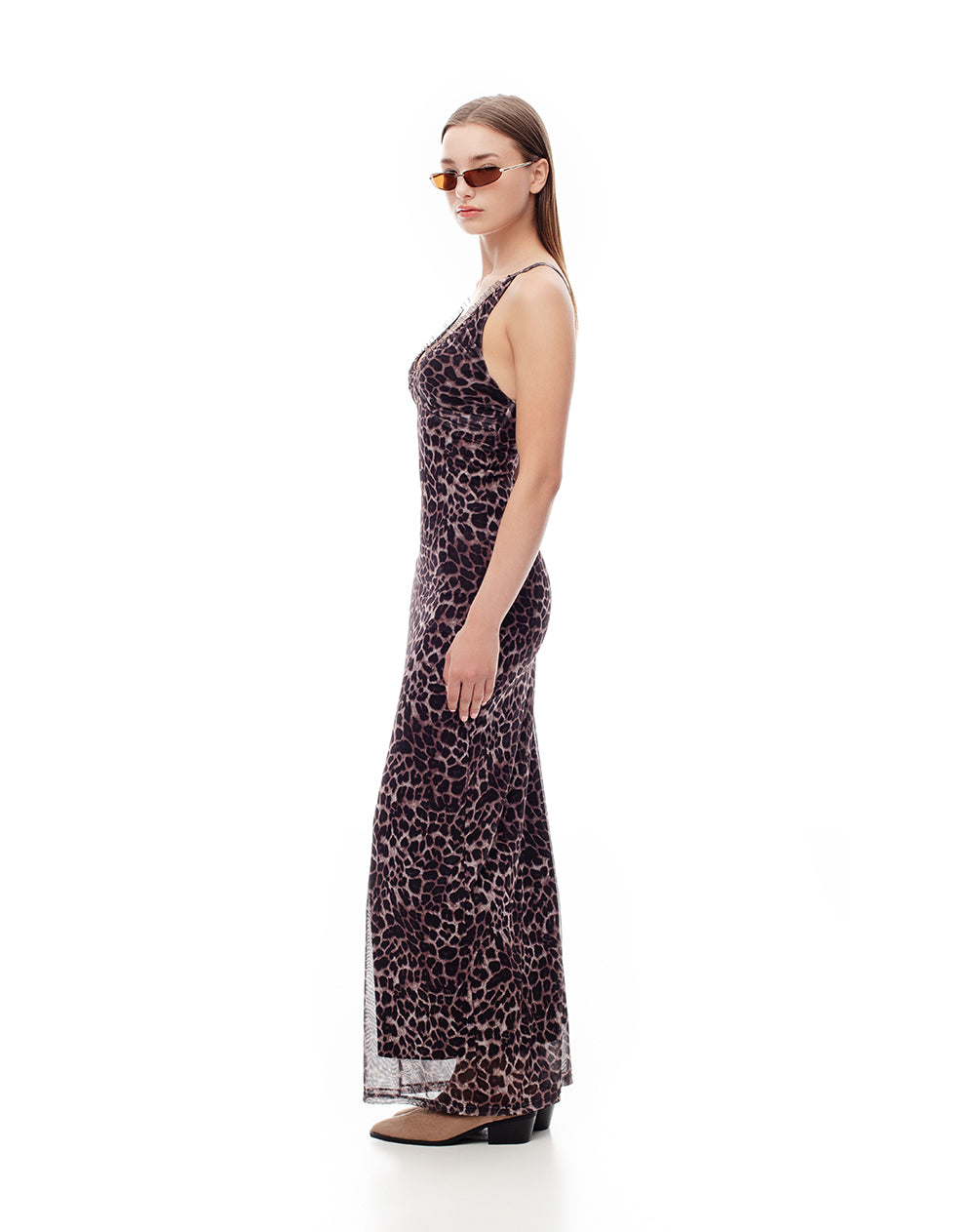 Vestido largo tull con forro print mujer