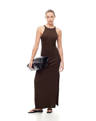 Vestido largo en rib chocolate