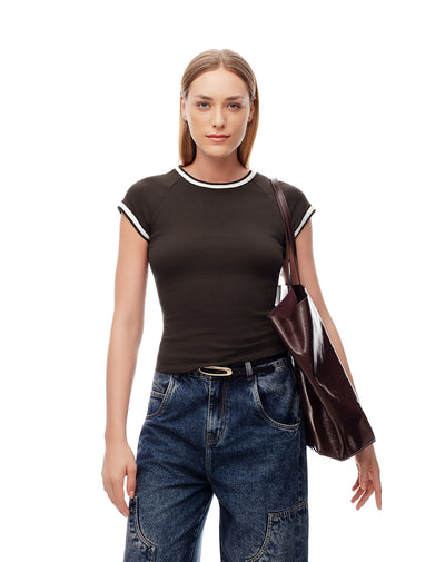 Camiseta slim algodón chocolate mujer
