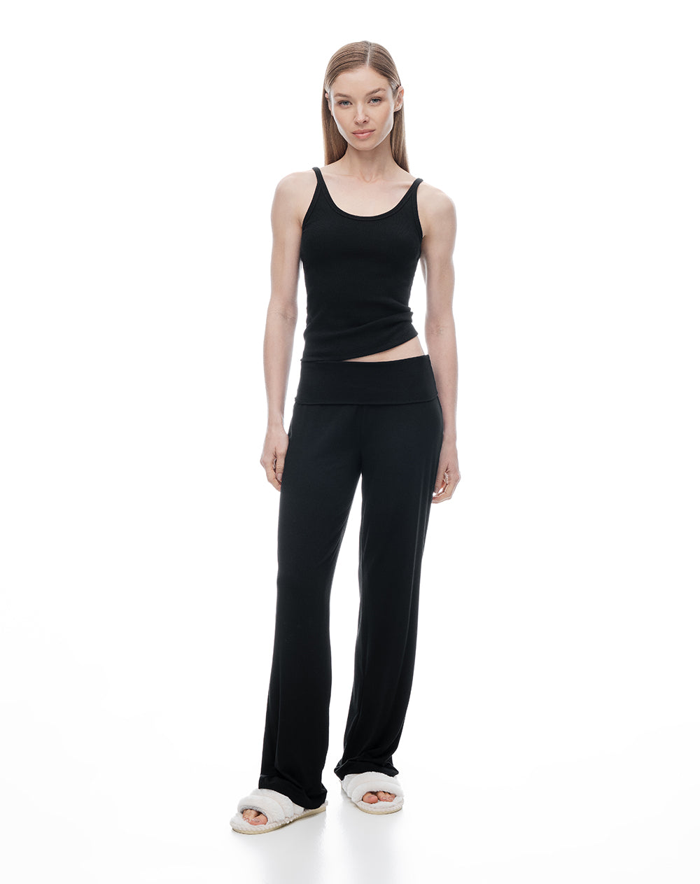 Camiseta manga sisa slim rib algodón negra mujer