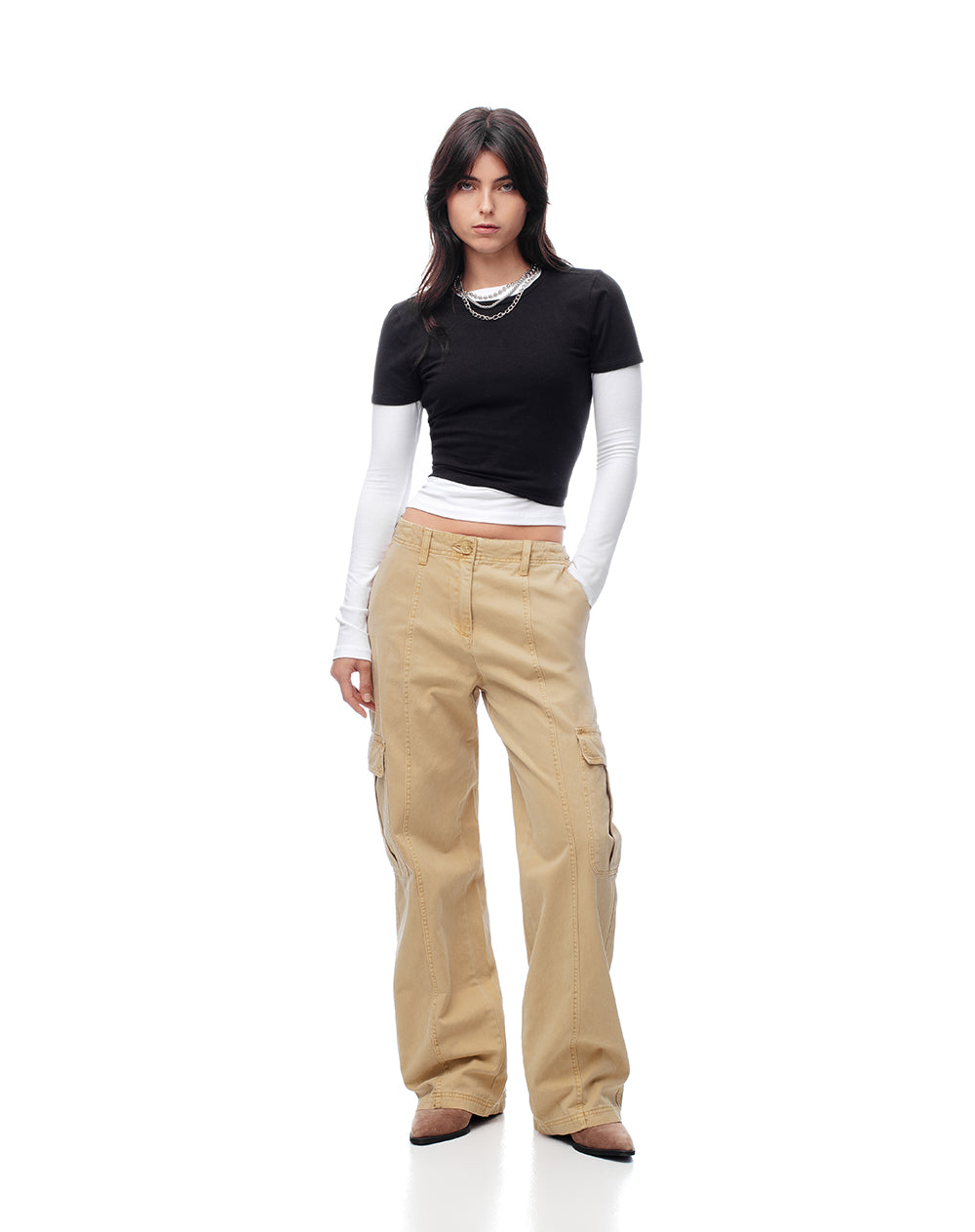 Pantalón cargo tiro bajo algodón caqui mujer