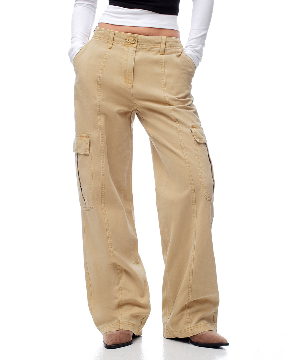 Pantalón cargo tiro bajo algodón caqui mujer