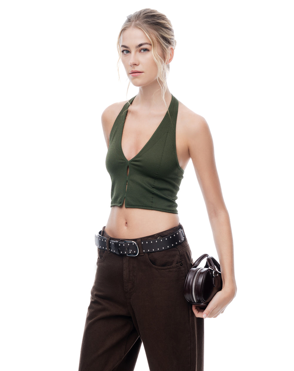 Crop top halter slim seamless verde mujer