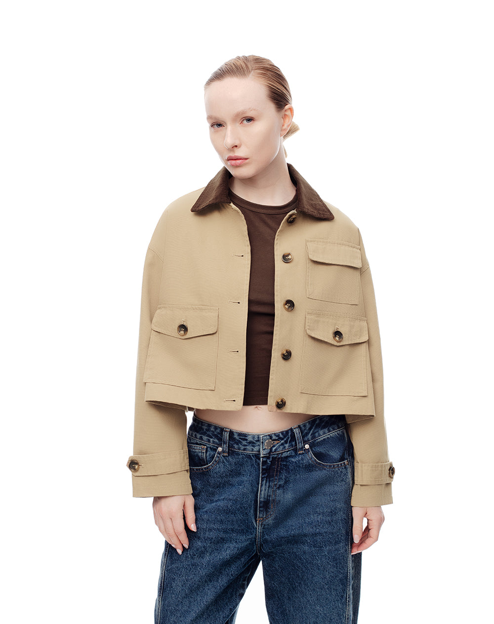 Chaqueta recta drill algodón caqui mujer