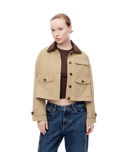 Chaqueta recta drill algodón caqui mujer