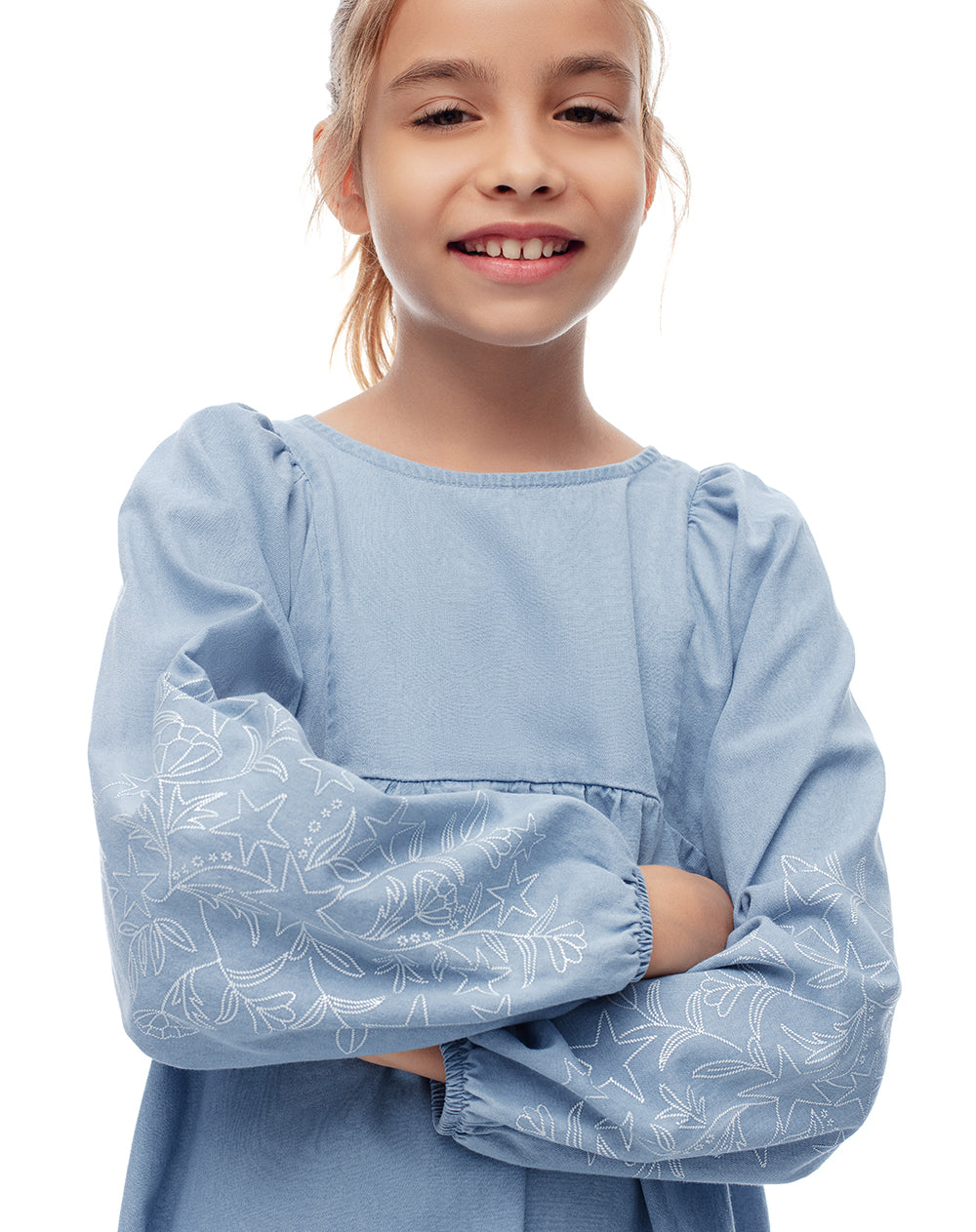 Vestido corto recto denim índigo claro niña