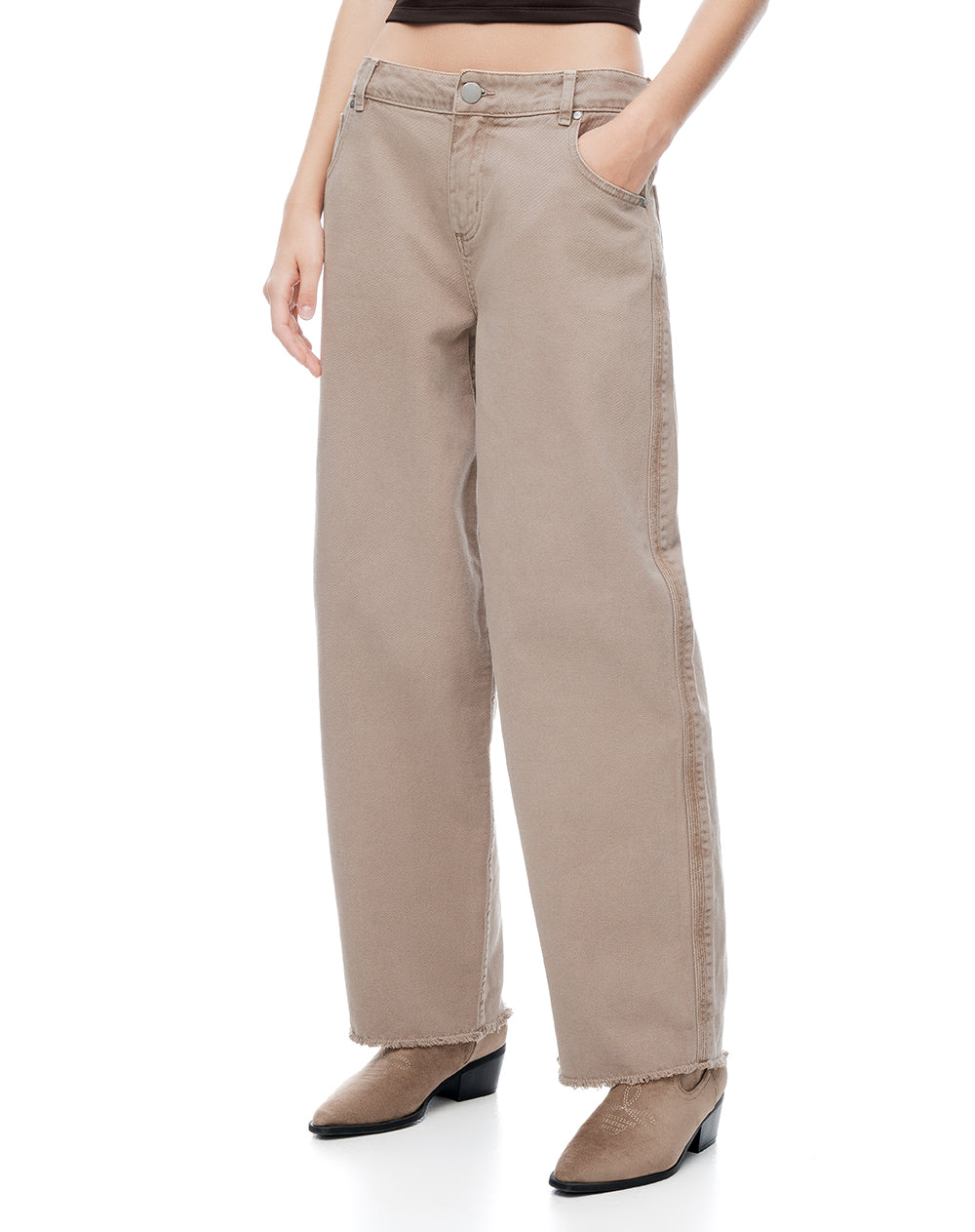 Pantalón wide leg tiro medio en drill café mujer