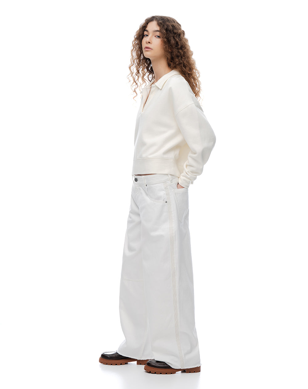 Pantalón wide leg tiro medio drill crudo mujer
