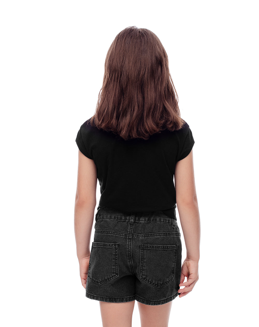 Falda short tiro medio denim botones laterales negra para niña