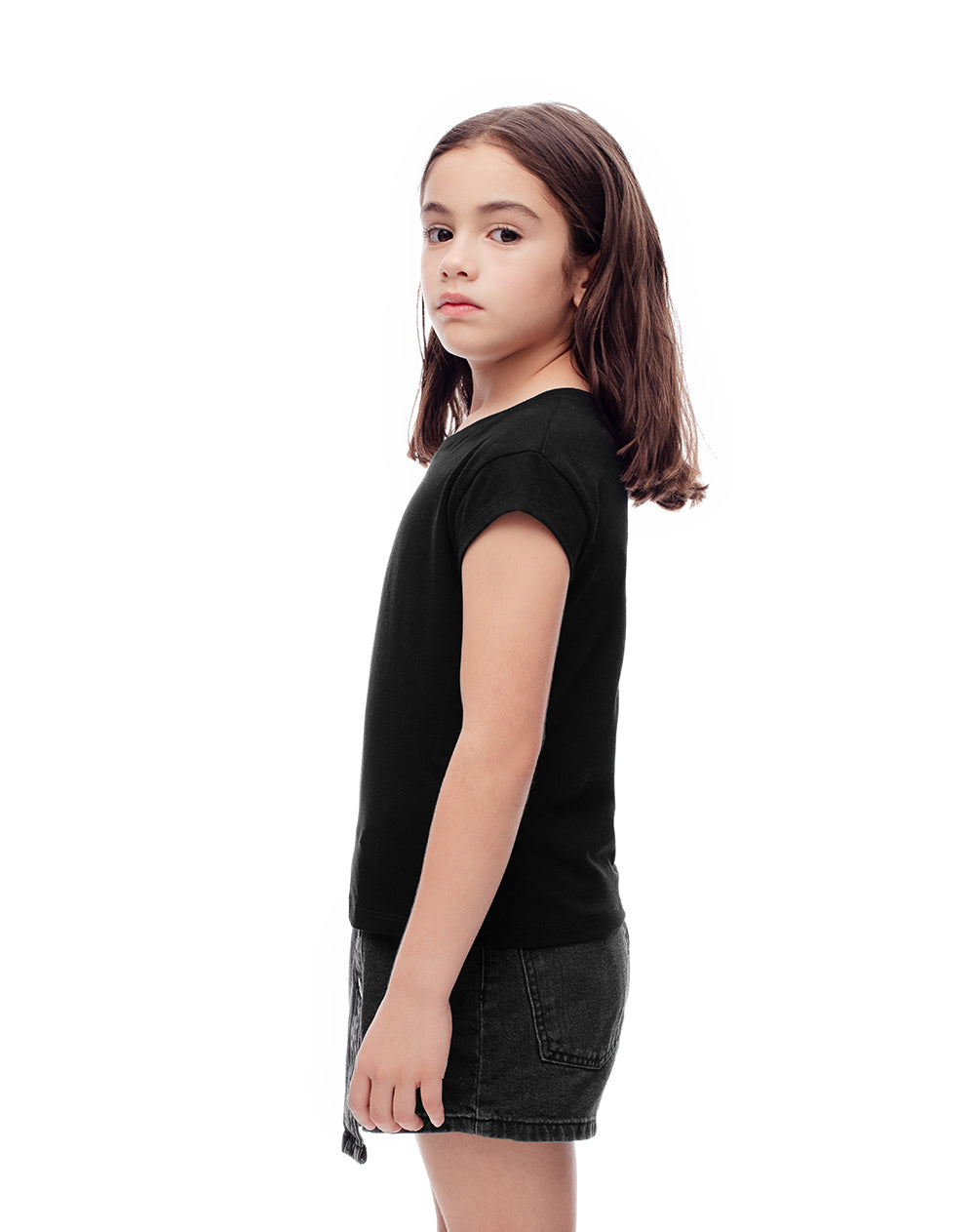 Falda short tiro medio denim botones laterales negra para niña