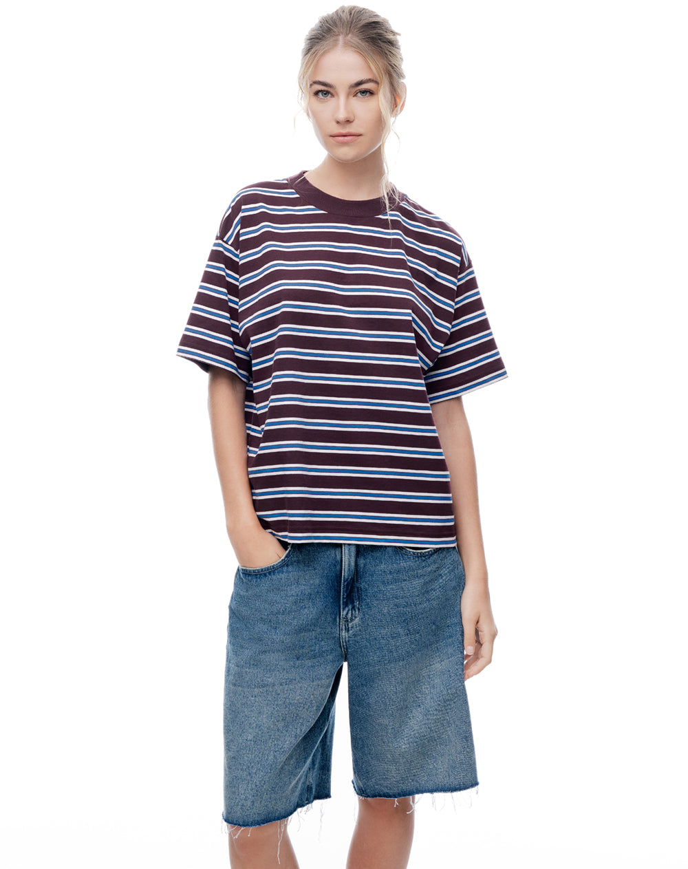 Camiseta relaxed manga corta vino tinto rayas mujer