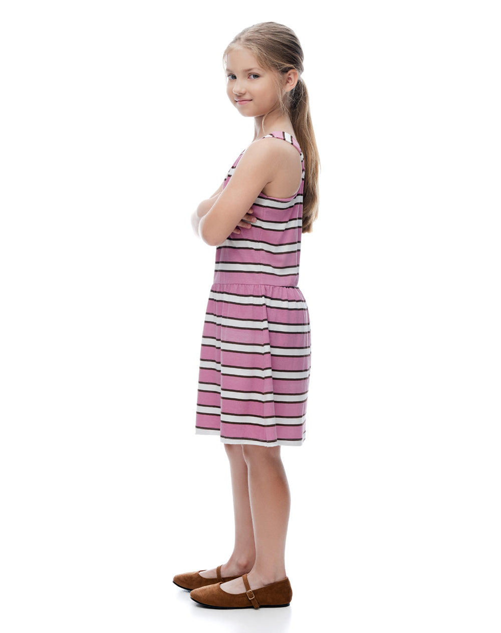 Vestido corto rosado rayas niña