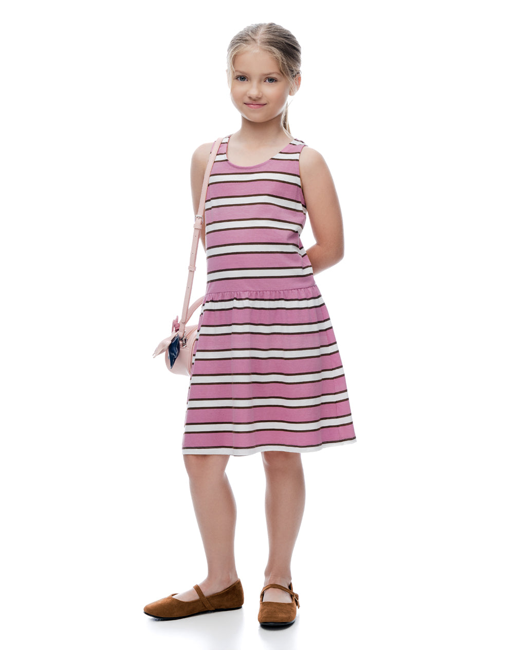Vestido corto rosado rayas niña