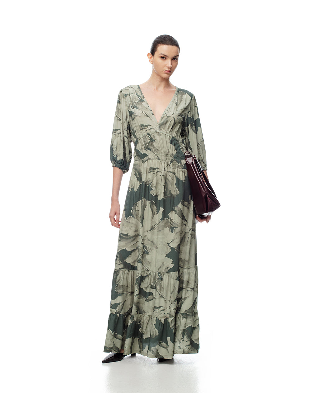 Vestido largo verde estampado