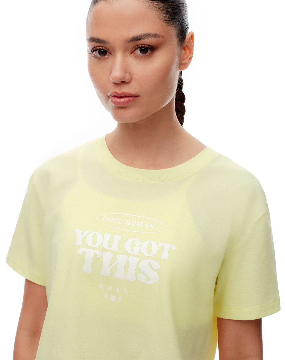 Camiseta cro regular algodón amarilla estampada mujer