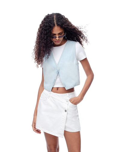 Falda short tiro alto denim blanca mujer