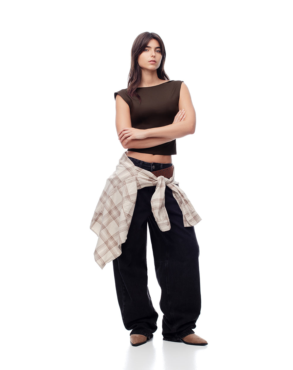 Camiseta crop slim doble tela chocolate mujer