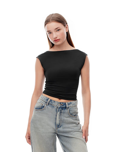 Camiseta crop slim doble tela negra mujer