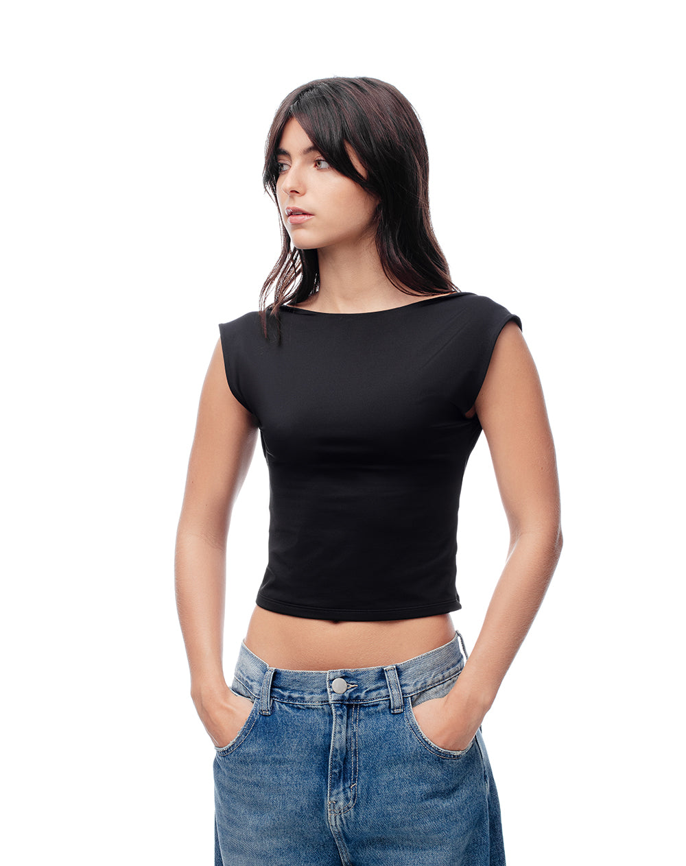 Camiseta crop slim doble tela negra mujer