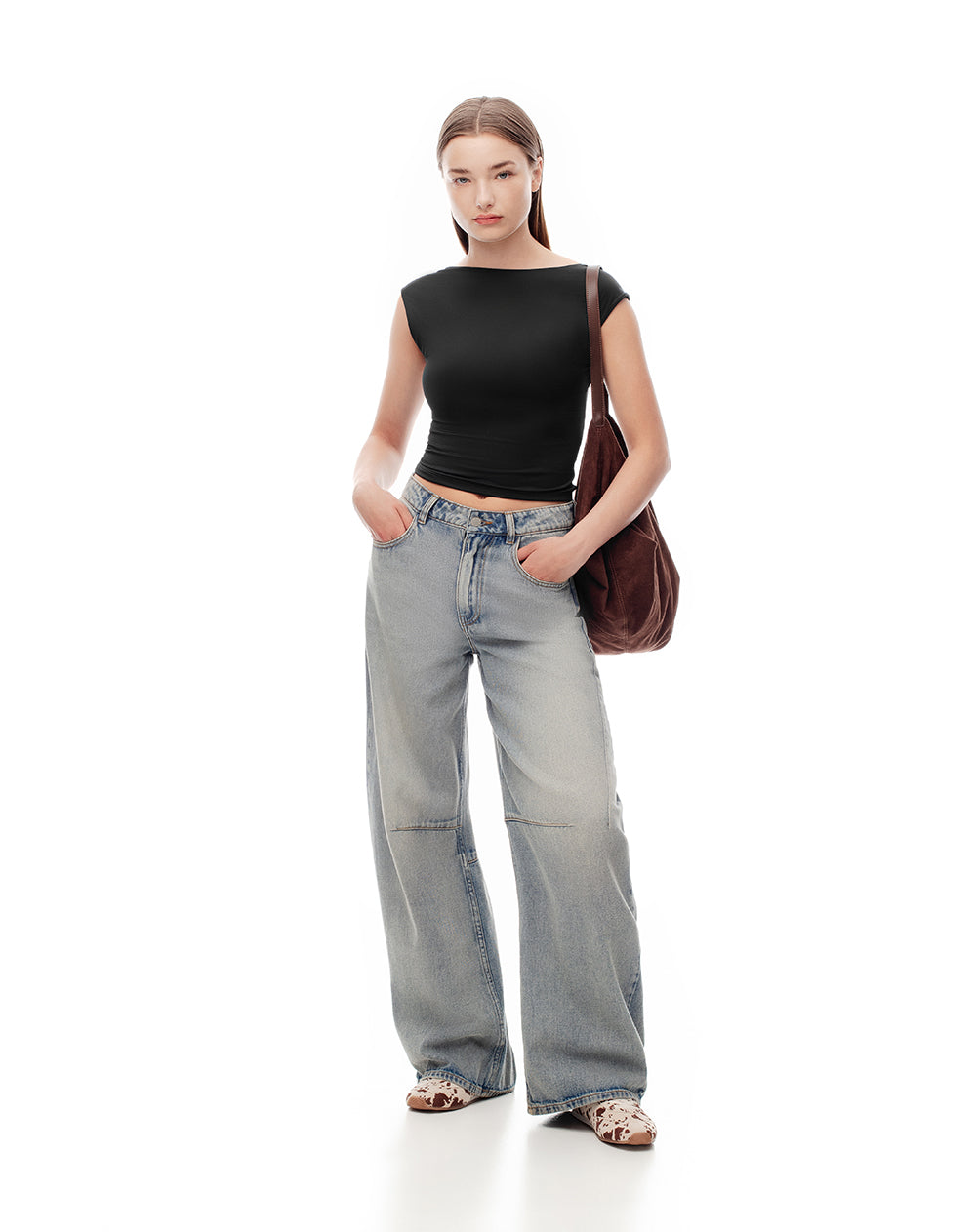 Camiseta crop slim doble tela negra mujer