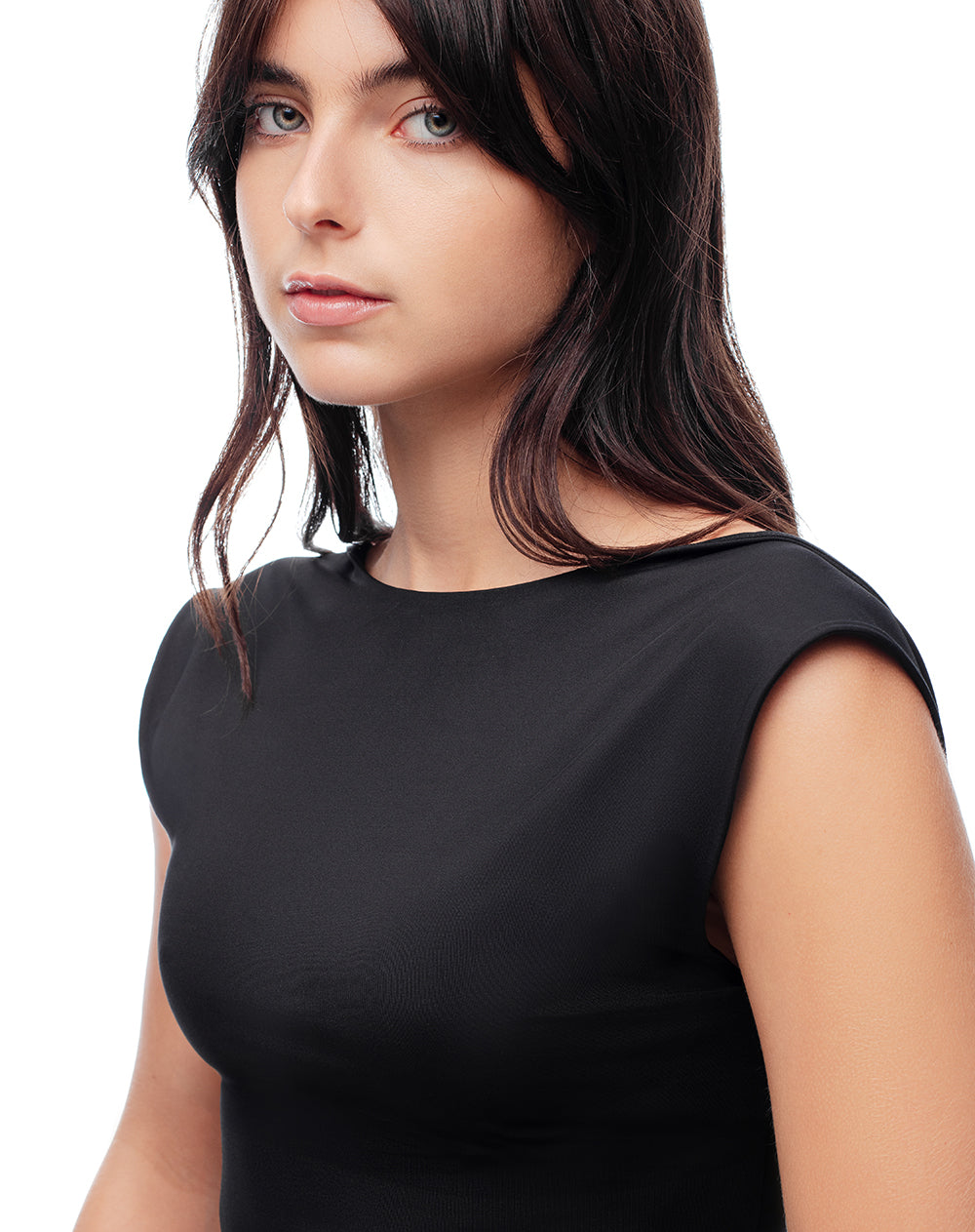 Camiseta crop slim doble tela negra mujer