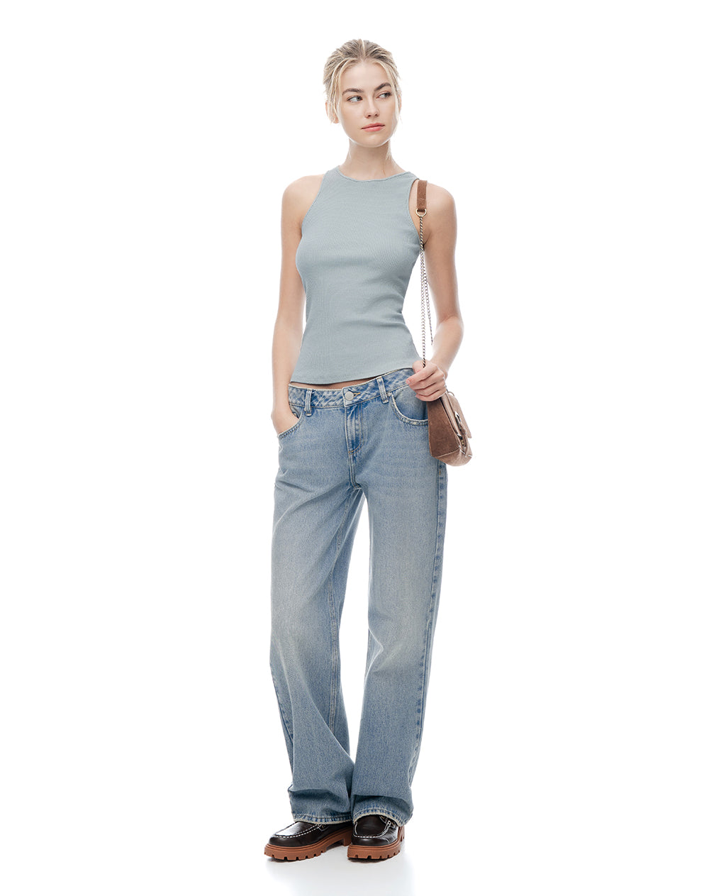 Camiseta esqueleto slim rib algodón azul mujer