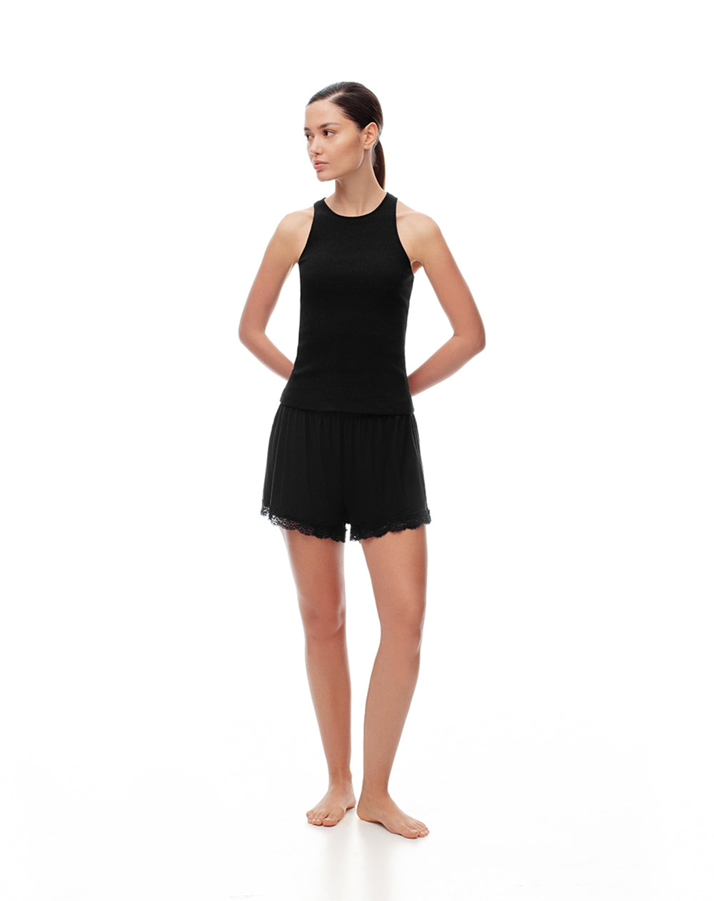 Camiseta esqueleto slim rib algodón negra mujer