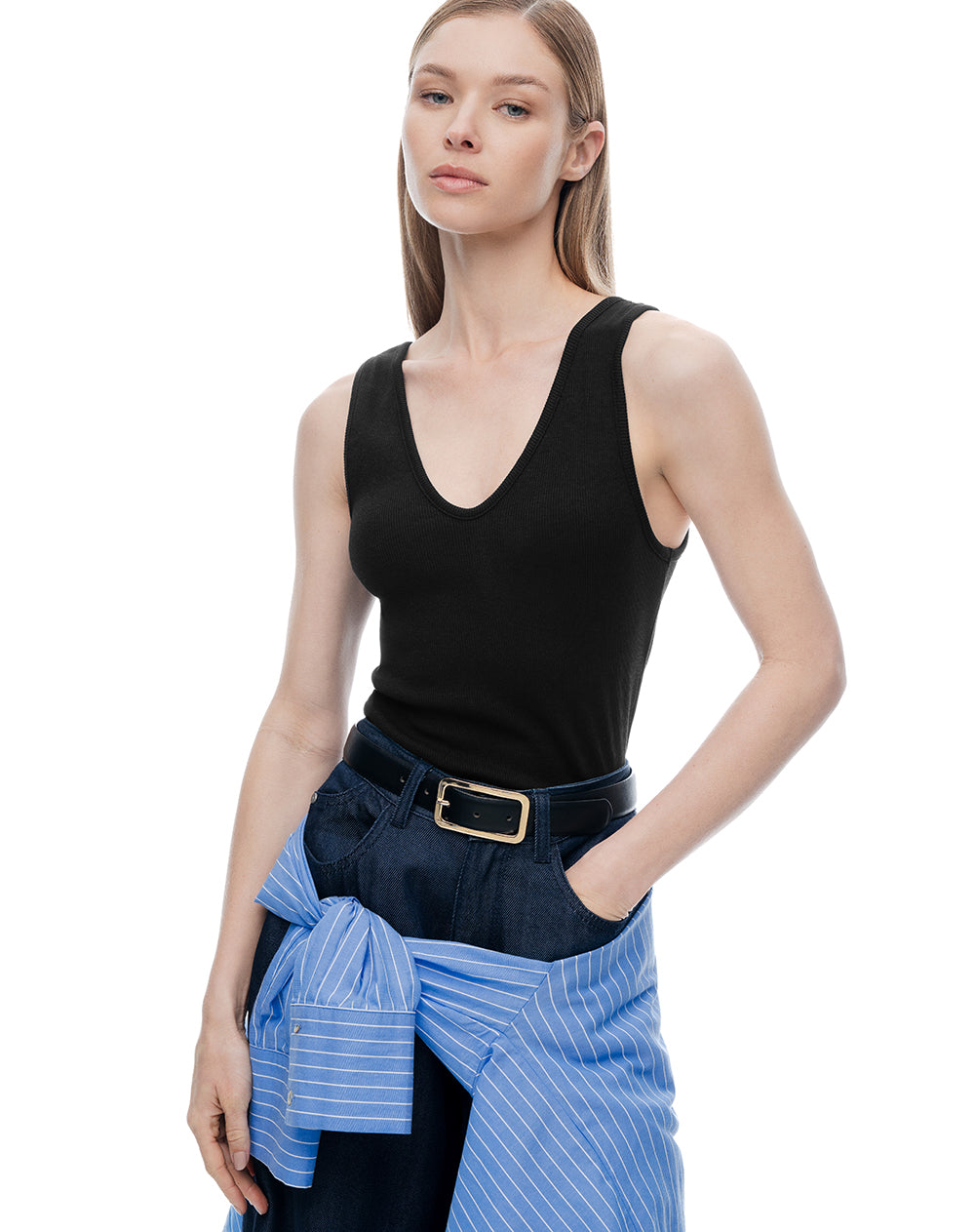 Camiseta manga sisa slim rib algodón negra mujer