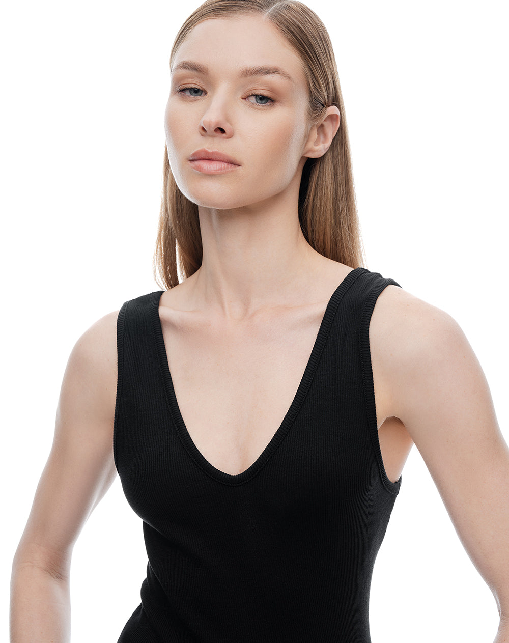 Camiseta manga sisa slim rib algodón negra mujer
