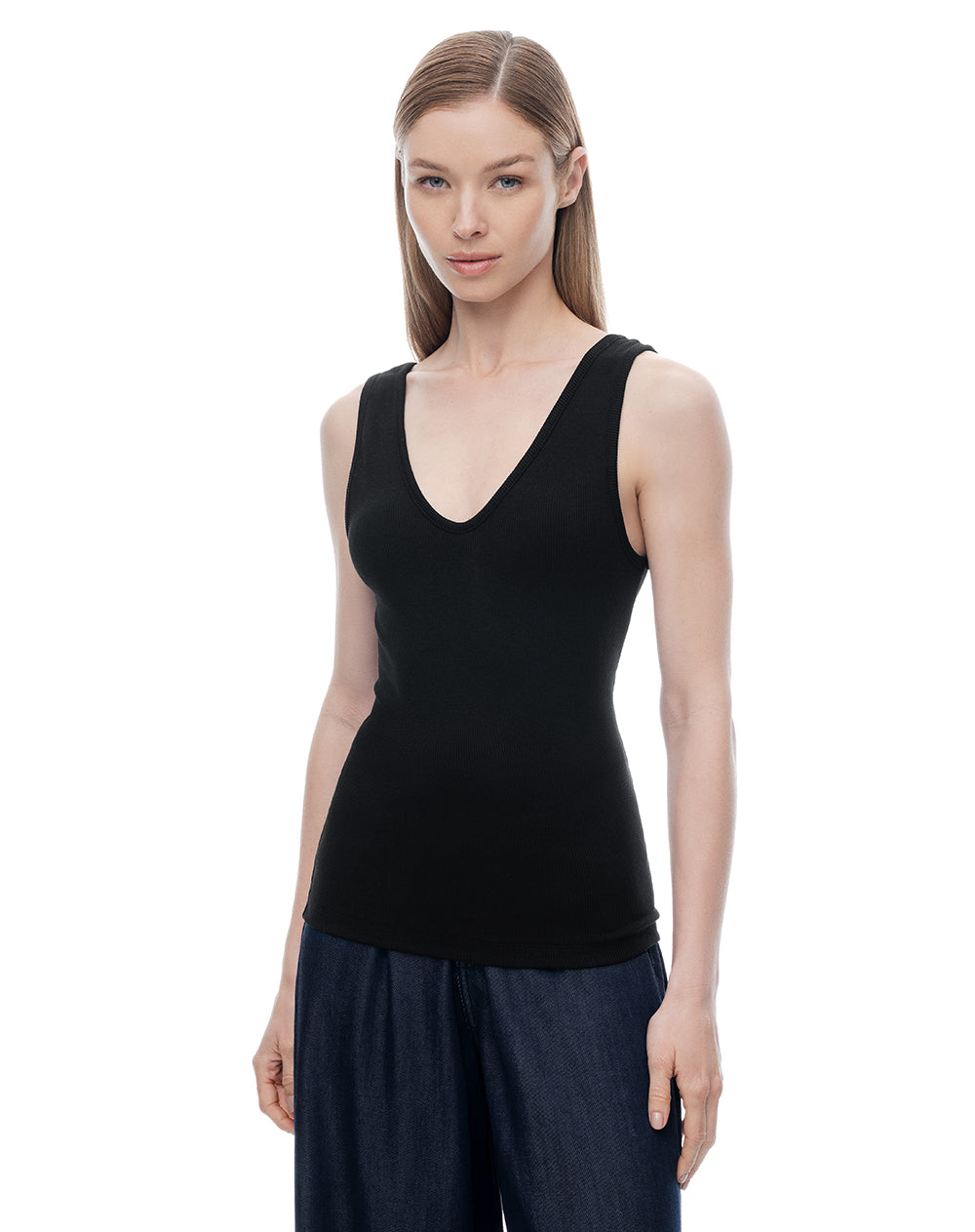 Camiseta manga sisa slim rib algodón negra mujer