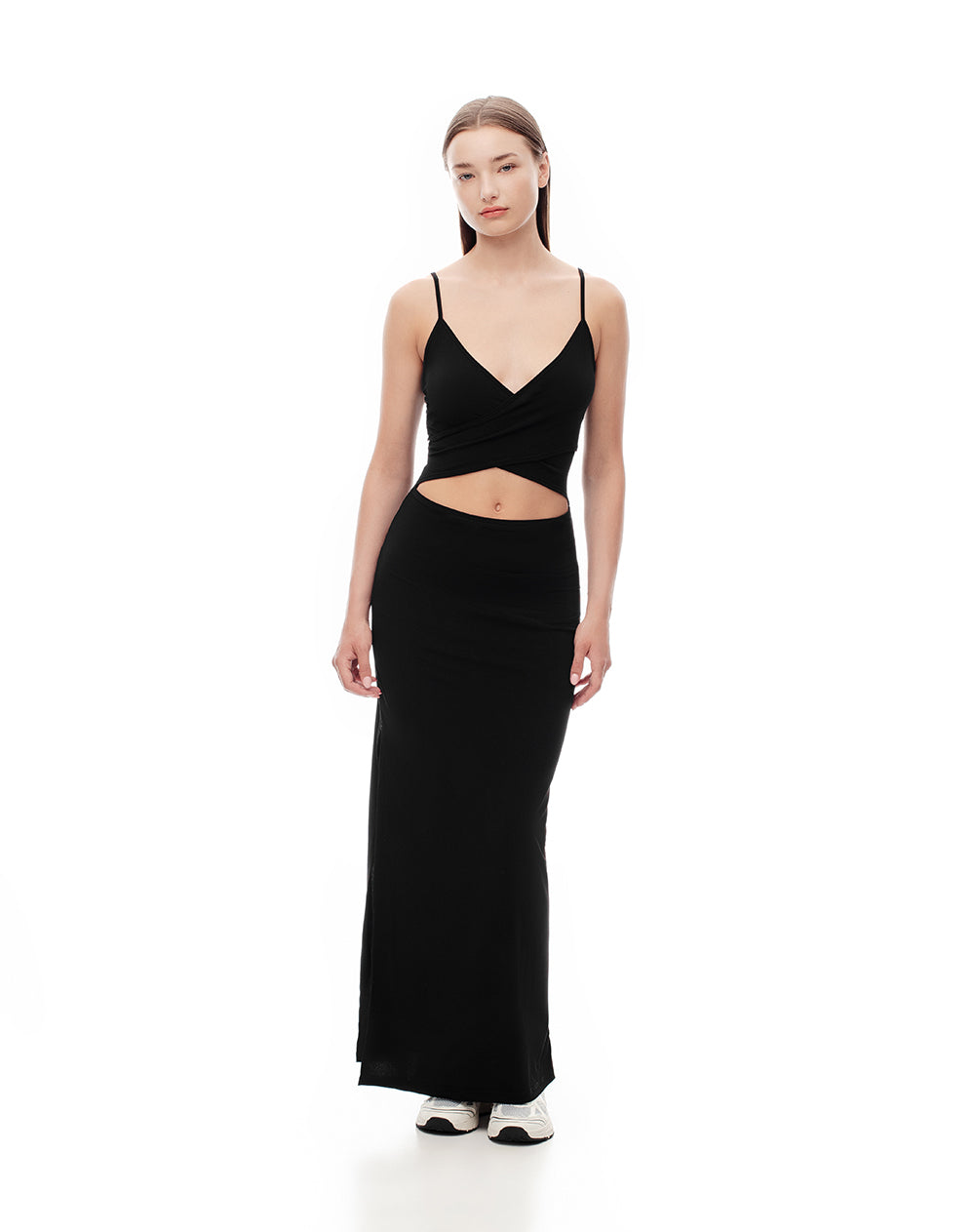 Vestido largo slim cut out negro mujer