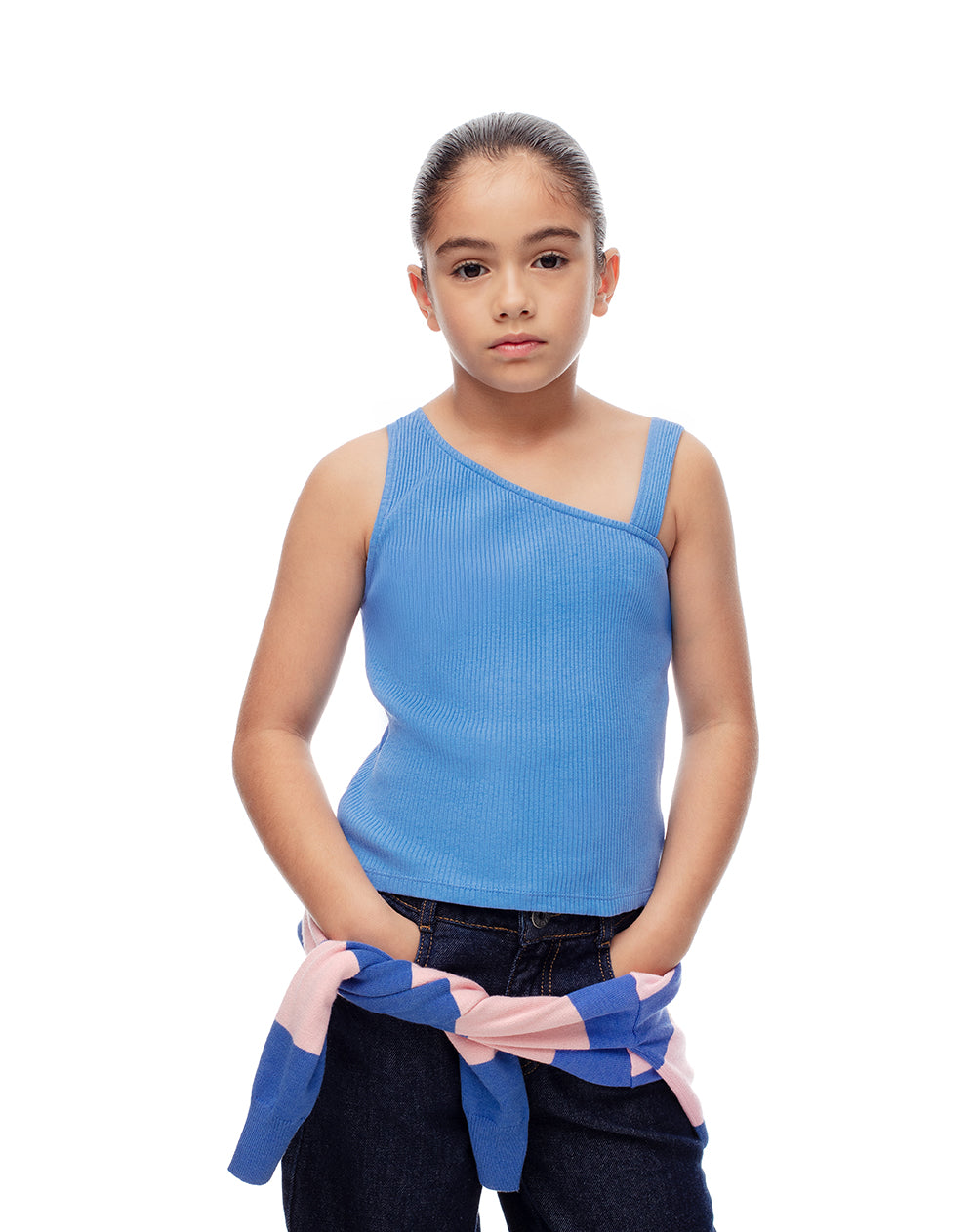 Camiseta asimétrica slim rib algodón azul niña