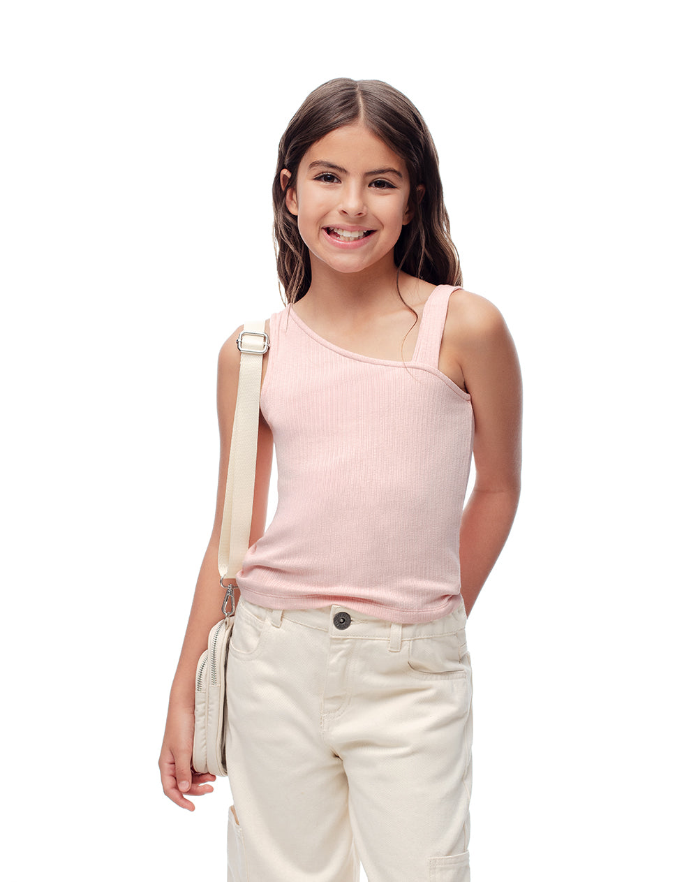 Camiseta asimétrica slim rib algodón rosada niña