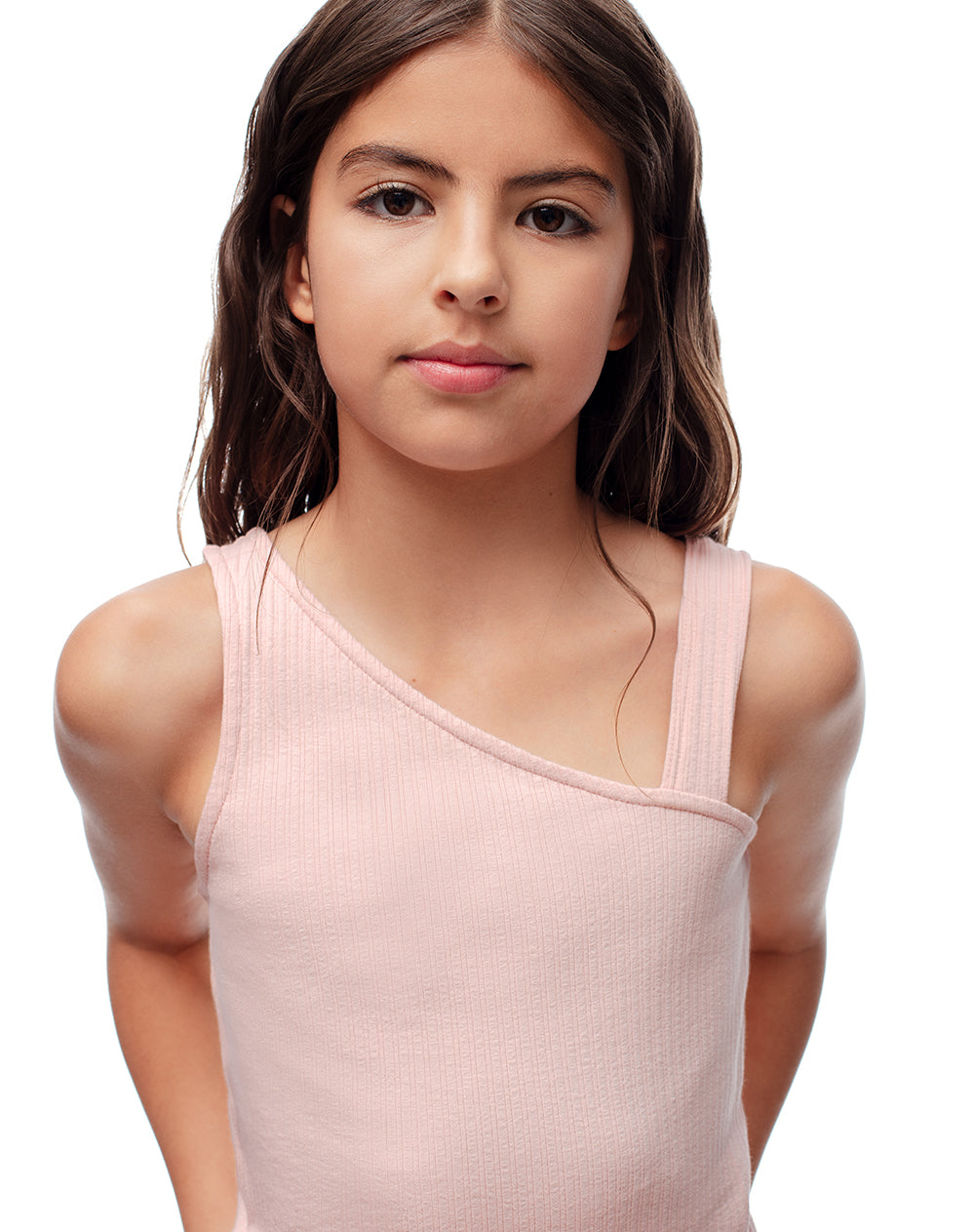 Camiseta asimétrica slim rib algodón rosada niña