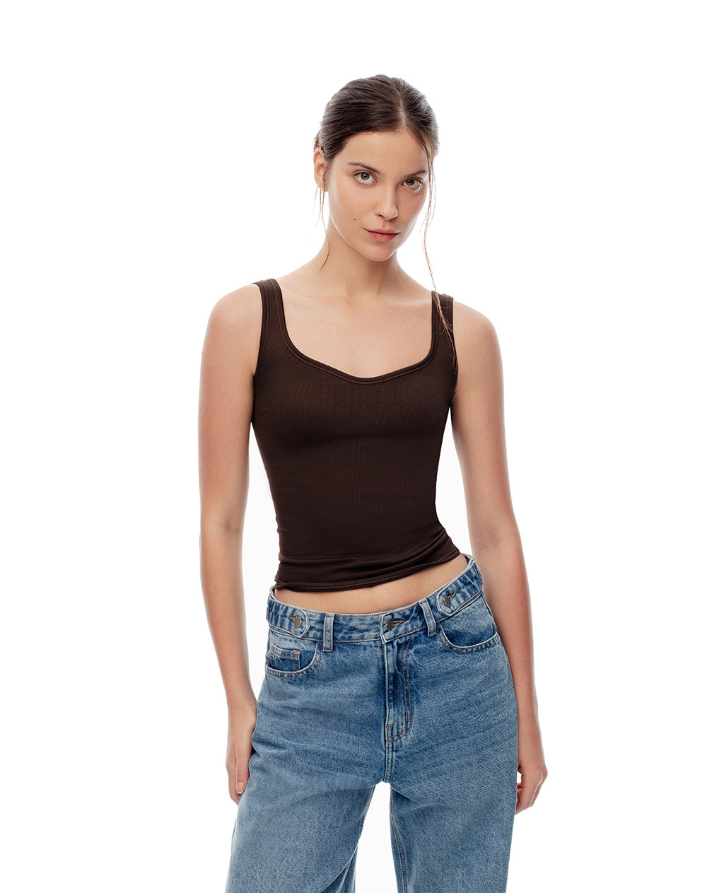 Camiseta slim sin mangas seamless negra mujer