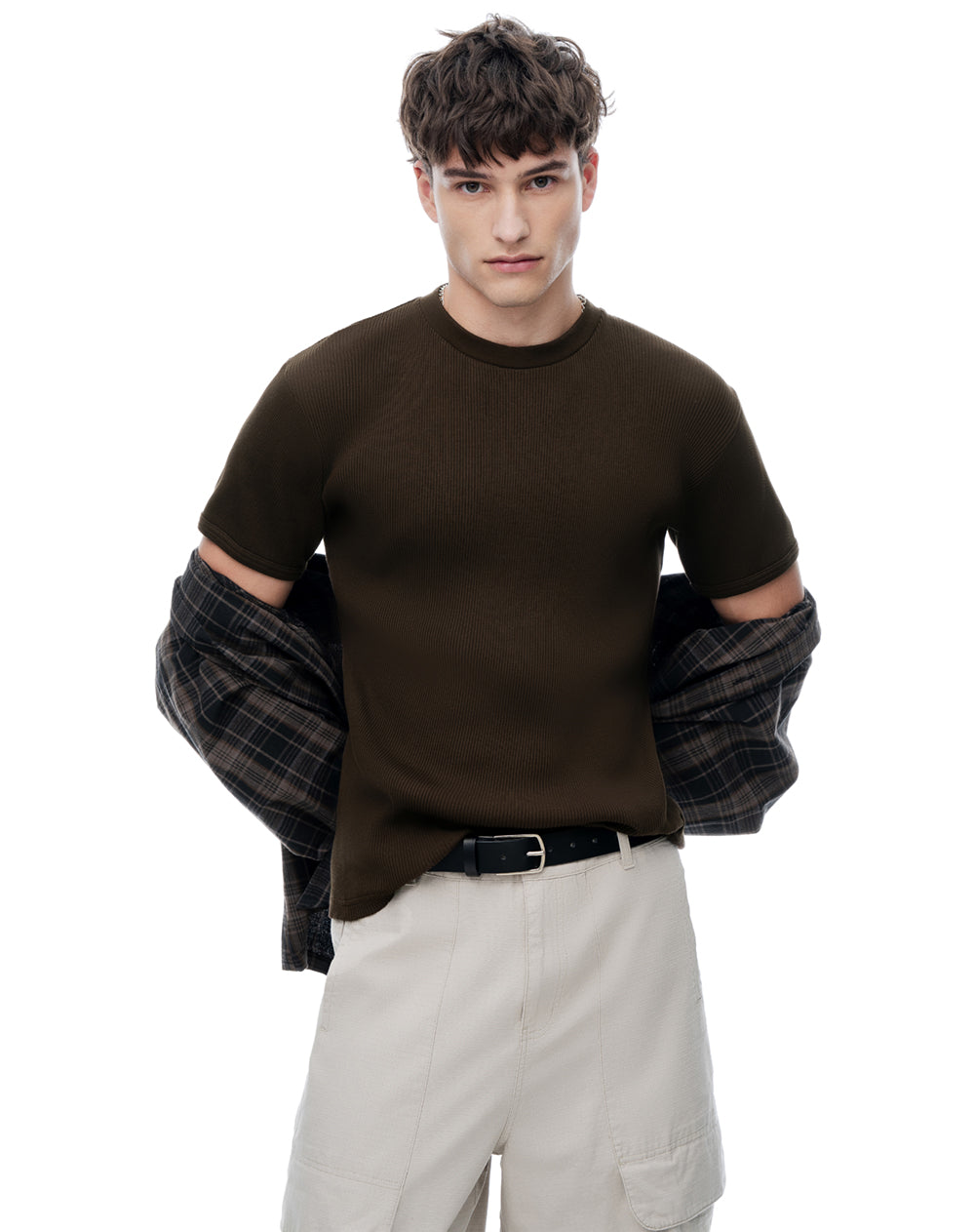 Camiseta slim rib algodón chocolate hombre