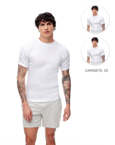 Camiseta slim algodón x2unds blanca hombre