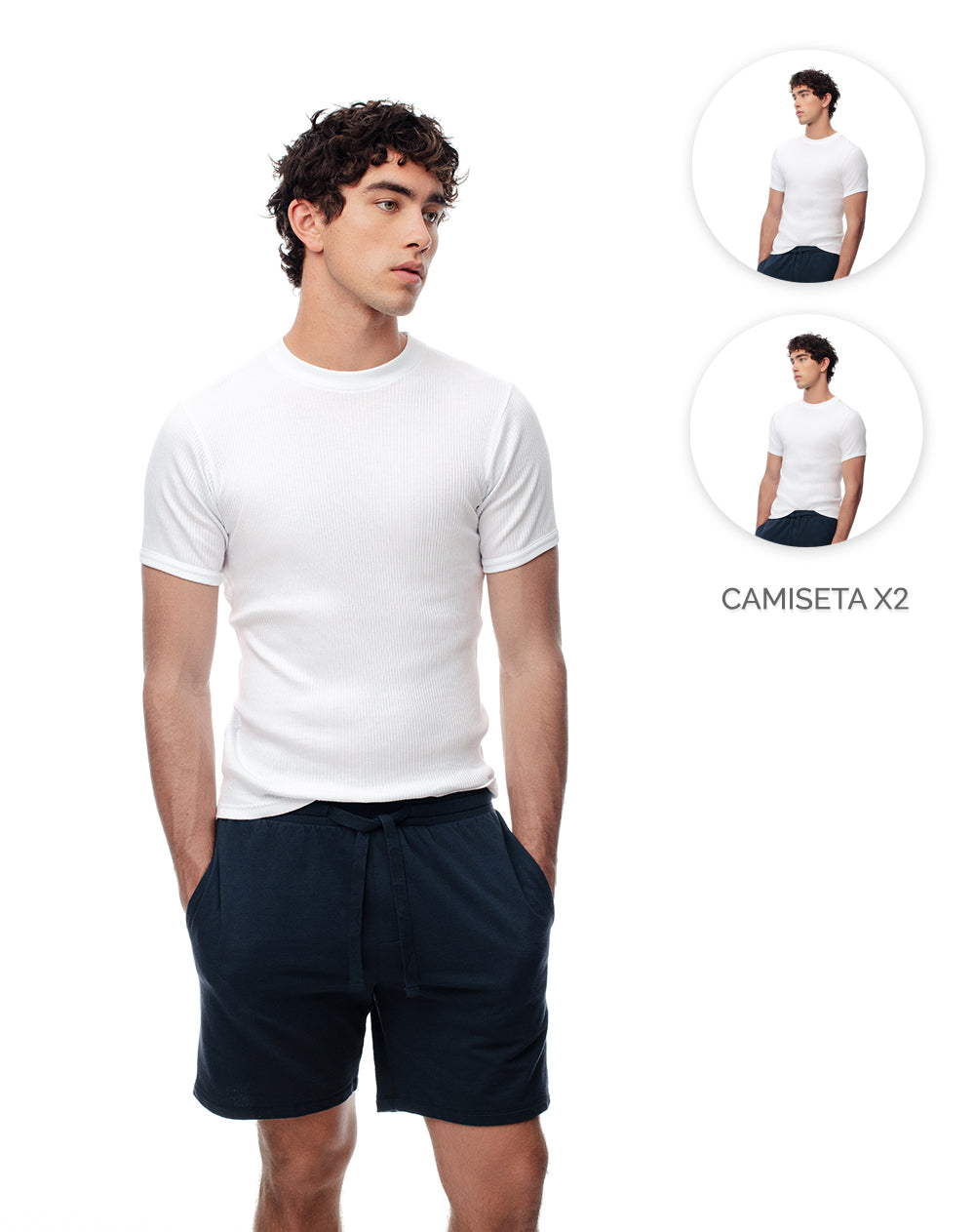 Camiseta slim algodón x2unds blanca hombre